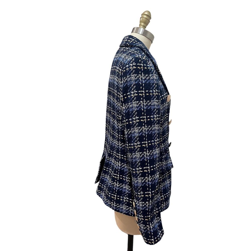 Boston Proper Blazer Womens Size 10 Blue Plaid Tweed Gold Button Double Breasted - Picture 5 of 13